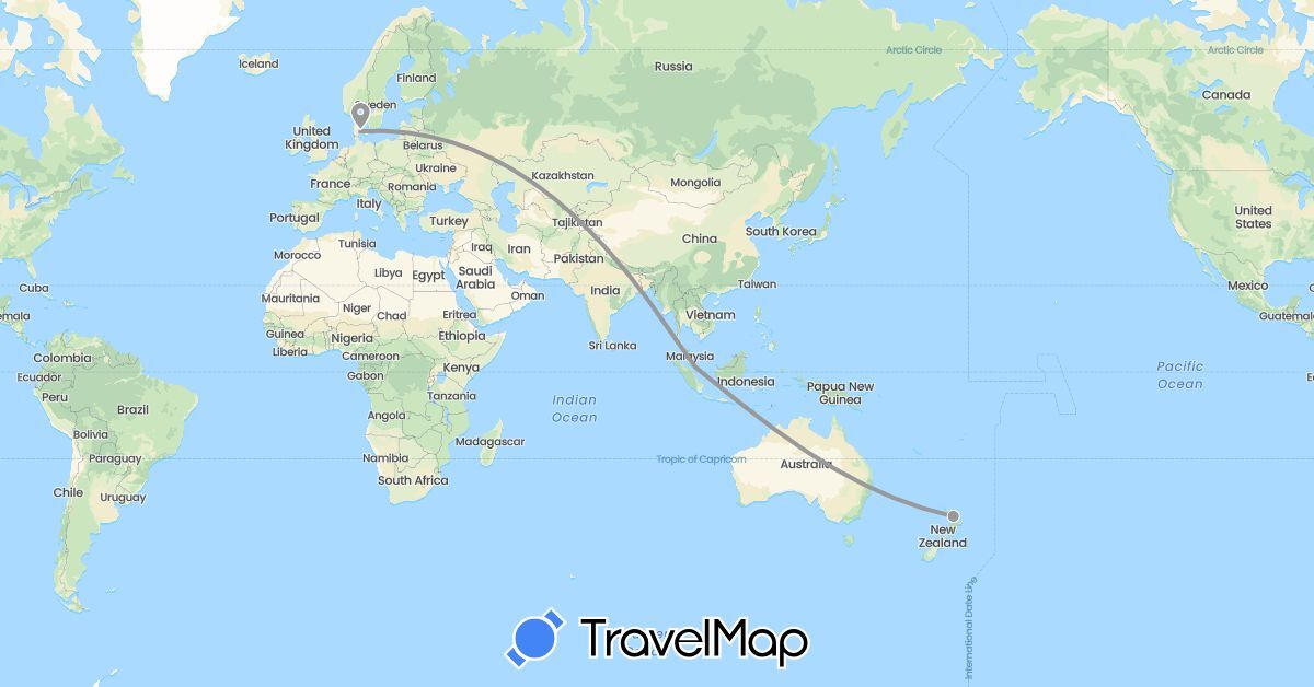TravelMap itinerary: plane in Denmark, New Zealand, Singapore (Asia, Europe, Oceania)